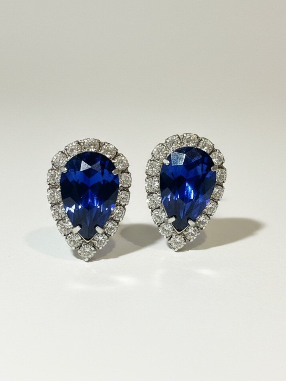 Vintage Cobalt Blue Rhinestone Halo Teardrop Earrings